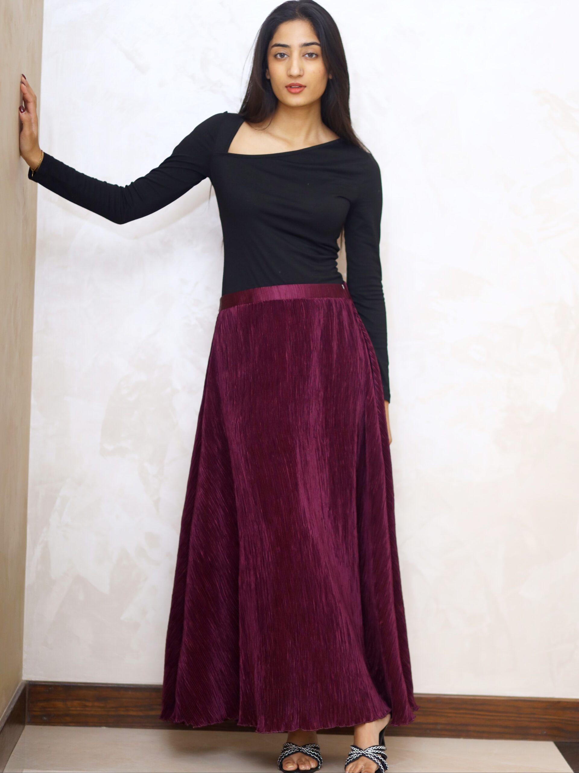 Plum Pleated Silk Skirt